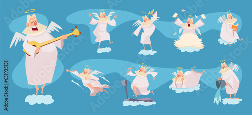 Old man on cloud. Holy elderly character with beard different action poses exact vector funny character of angels