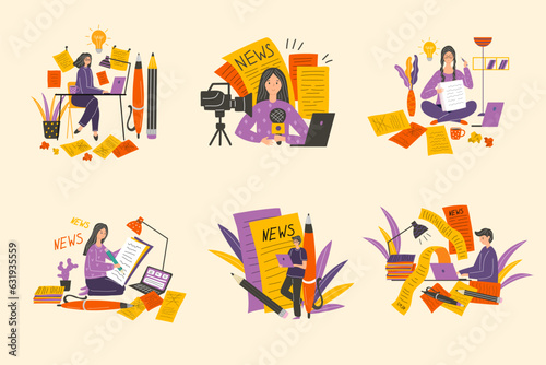 Journalist. Copywriter working at laptop blogger writing articles typing at tablet recent vector concept stylized illustrations