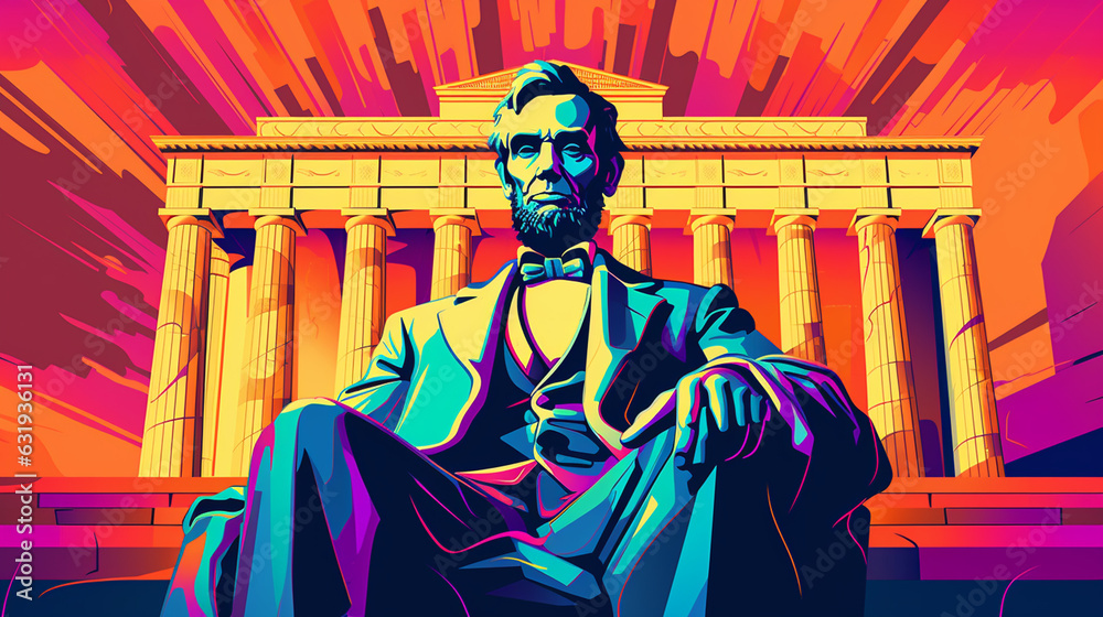 Fototapeta premium The Lincoln Memorial Risograph in Pop Art Color Theme - Political Cartoon Concept of the Heart of American Democracy in Washington DC - Generative AI