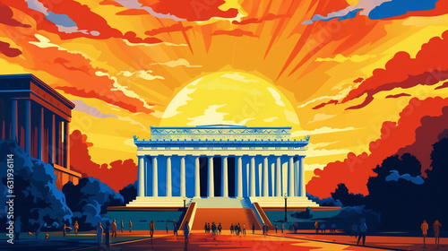 The Lincoln Memorial Risograph in Pop Art Color Theme - Political Cartoon Concept of the Heart of American Democracy in Washington DC - Generative AI