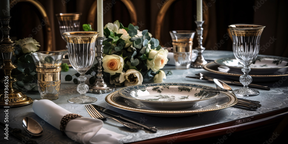Fototapeta premium Elegant table setting with candles and flowers in restaurant. Selective focus. Romantic dinner setting with candles and flowers on table in restaurant.
