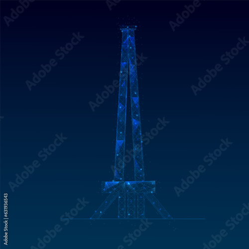 Oil fields concept. Oil drilling derricks at desert oilfield for fossil fuels. Low poly wireframe vector illustration EPS10.