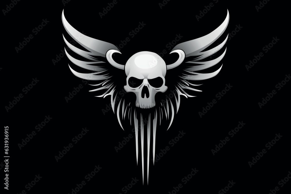 Fototapeta premium Human skull and wings. Colourful vector illustration on black background.