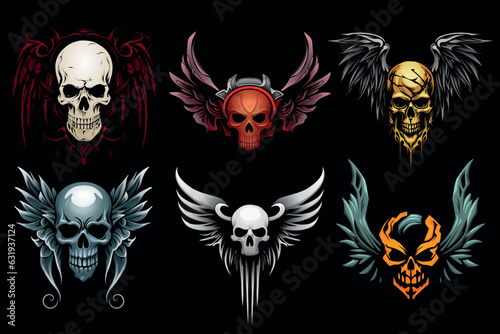 Human skulls and wings. Colourful vector illustration on black background.