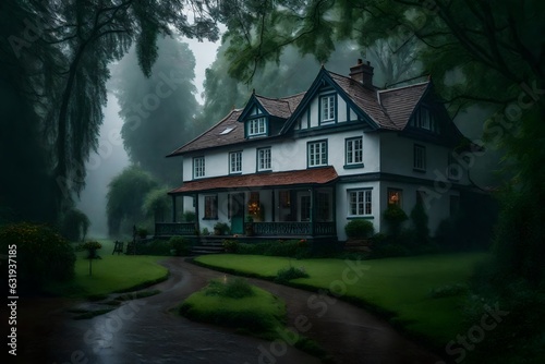 An elegant country house standing proudly in the rain. AI Generative