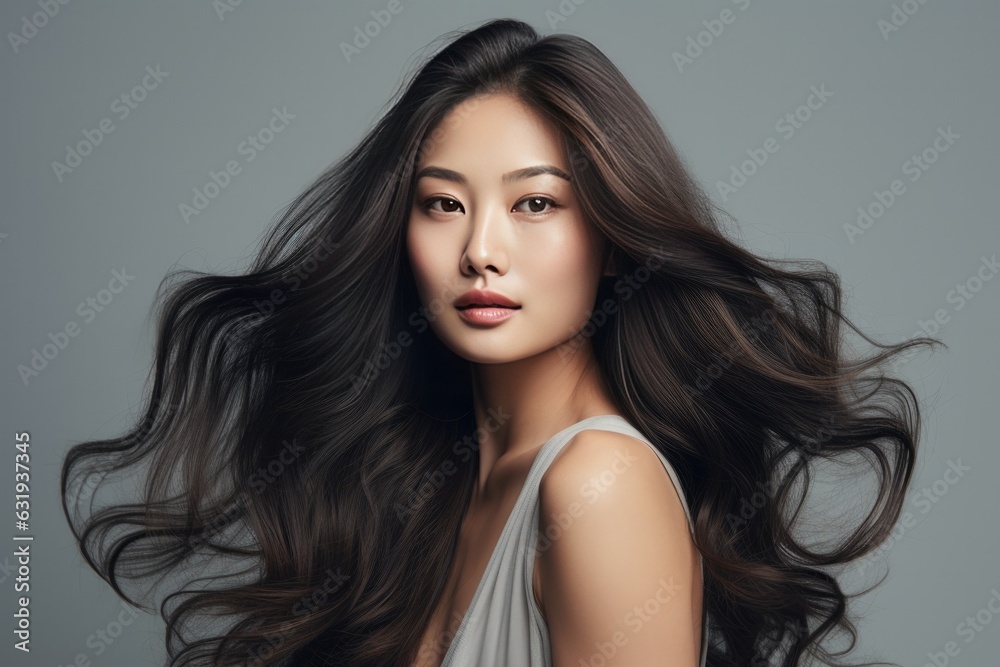Closeup portrait of a beautiful young pretty Asian girl with healthy clean skin and flowing Hair. Skin care or Hair Care concept with Space for copy Closeup portrait of a beautiful young pretty Asian girl with healthy clean skin and flowing Hair. Skin care or Hair Care concept with Space for copy