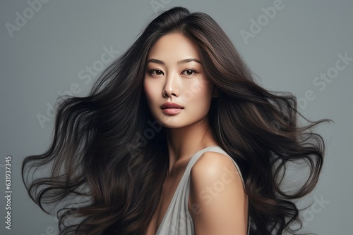 Closeup portrait of a beautiful young pretty Asian girl with healthy clean skin and flowing Hair. Skin care or Hair Care concept with Space for copy