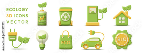 3d eco green set vector icons. Render environmental symbol for eco-friendly, protect environment, clean alternative energy, fuel, recycle waste and global warming. 3d rendering eco illustration