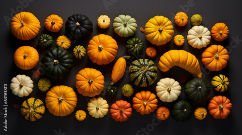 Overhead View of a Variety of Pumpkins and Gourds Arranged in Horizontal Knolling - On Dark or Black Background - Fall, Autumn, Winter, Thanksgiving, Halloween - Generative AI