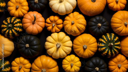 Overhead View of a Variety of Pumpkins and Gourds Arranged in Horizontal Knolling - On Dark or Black Background - Fall  Autumn  Winter  Thanksgiving  Halloween - Generative AI