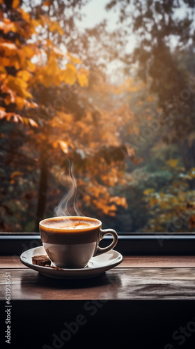 cup of coffee by a window with a view to autumn trees, cozy hygge atmosphere, vertical banner with copy space, for Instagram story