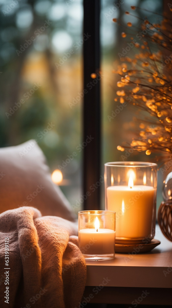 candles by a window with a view to autumn trees, cozy hygge atmosphere, vertical banner with copy space, for Instagram story - obrazy, fototapety, plakaty 