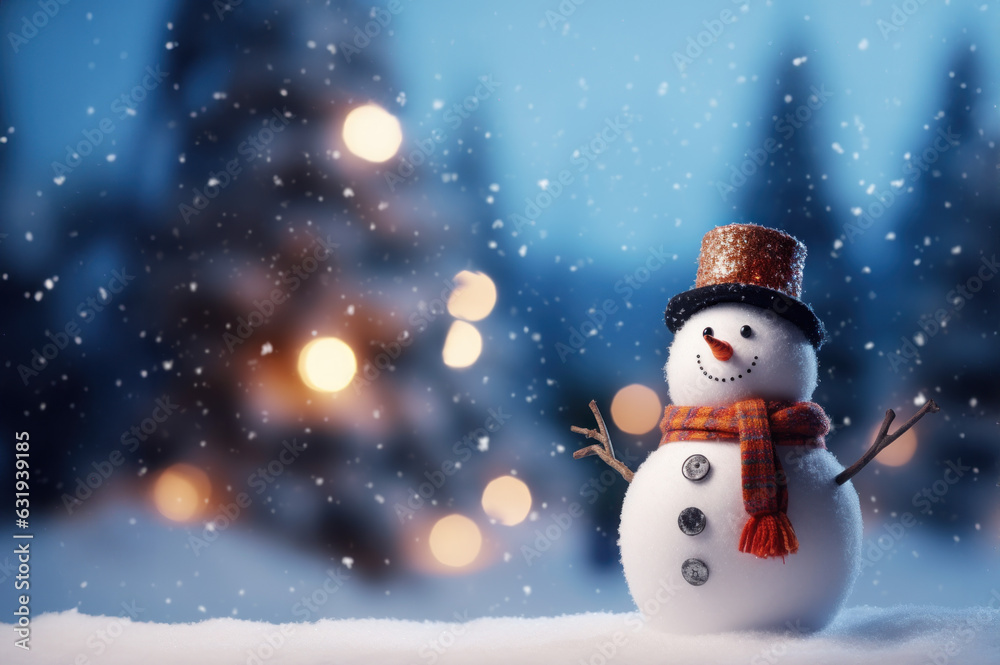 Merry christmas and happy new year greeting card with copy-space. Happy snowman standing in christmas landscape. Snow background. Winter fairytale created with Generative AI technology