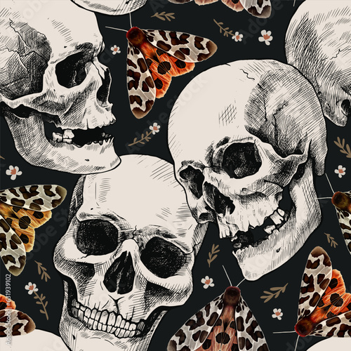 Seamless pattern of hand-drawn human skulls, flowers, and the garden tiger moth or Arctia caja. Beautiful colorful vintage illustration.