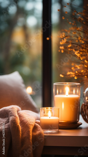 candles by a window with a view to autumn trees, cozy hygge atmosphere, vertical banner with copy space, for Instagram story