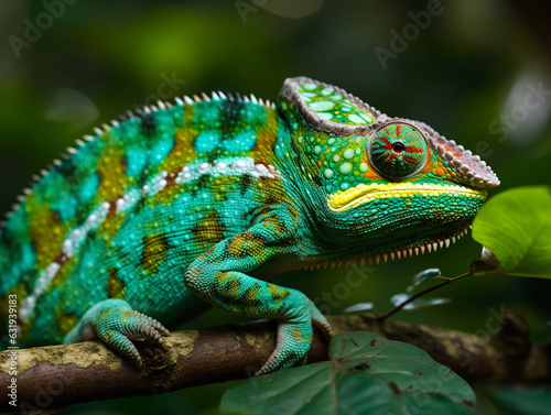 A vibrant chameleon blending into its surroundings