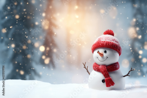 Merry christmas and happy new year greeting card with copy-space. Happy snowman standing in christmas landscape. Snow background. Winter fairytale created with Generative AI technology © Laughing Cat