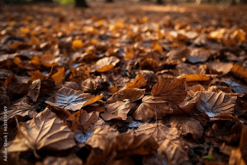 autumn leaves on the ground, fallen pile of maple leaves and dry leaves, banner, closeup, with space for copy