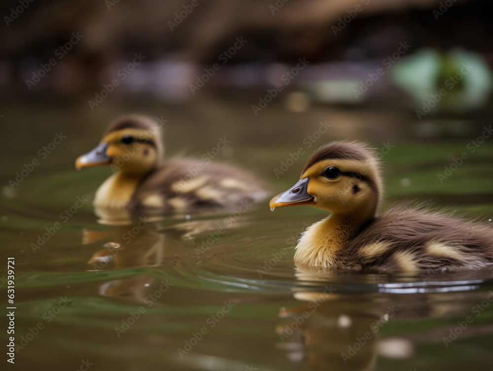 A group of adorable baby ducks swimming in a pond A group of adorable baby ducks swimming in a pond