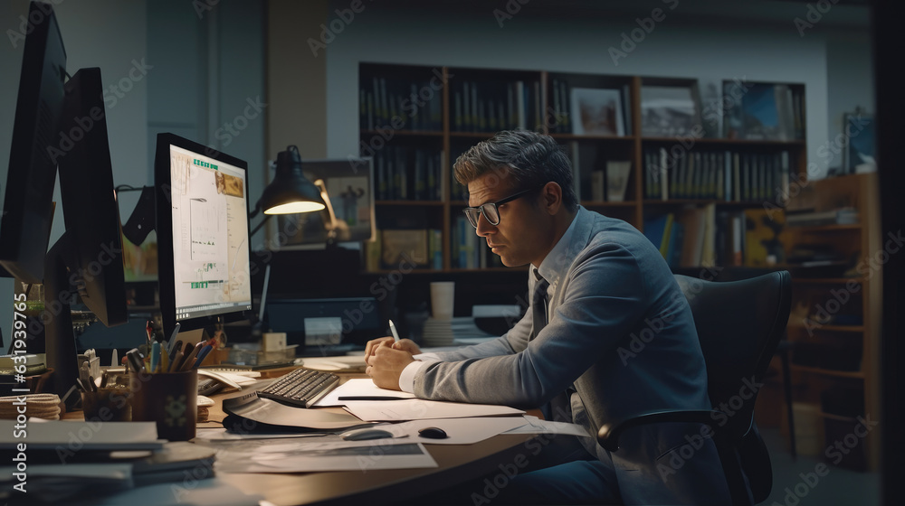 A businessman at his cluttered office desk, grappling with the pressures of his job. A businessman at his office desk, visibly feeling the pressure of work A businessman at his cluttered office desk, grappling with the pressures of his job. A businessman at his office desk, visibly feeling the pressure of work