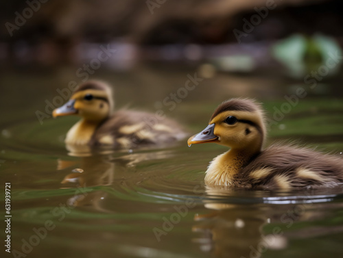 A group of adorable baby ducks swimming in a pond © Noah