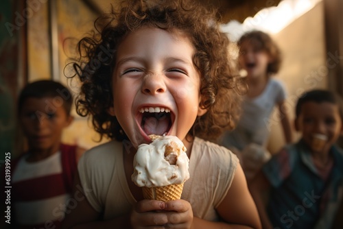 smiling curly boy with ice cream cone on city street