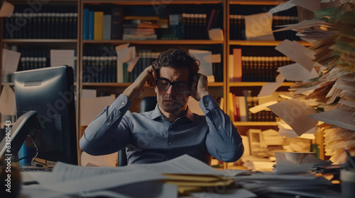 A businessman at his cluttered office desk, grappling with the pressures of his job. A businessman at his office desk, visibly feeling the pressure of work