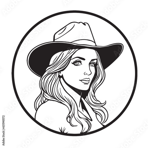 Black and white cartoon drawing of a blonde woman wearing a cowboy hat inside a circle. Vector illustration isolated on transparent background.