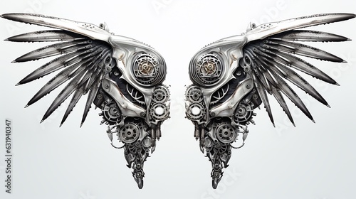 A pair of cyber punk mechanical metal wings isolated on white background, grunge style. photo