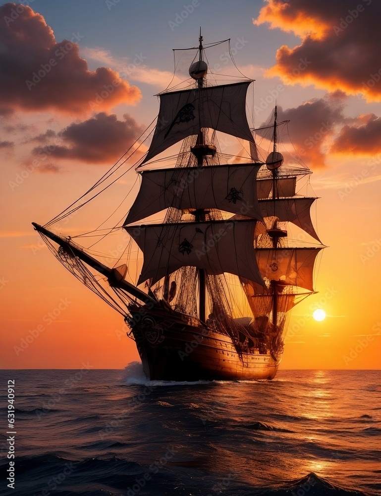pirate ship at beautiful sunset