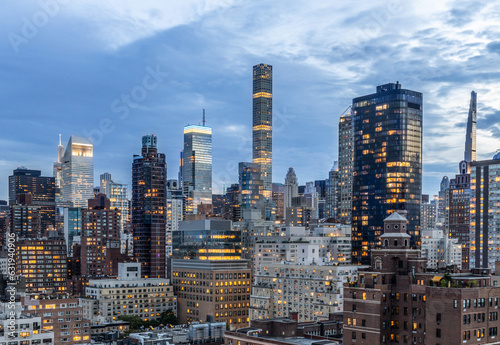 Aerial View of New York city skyline shot at twilight