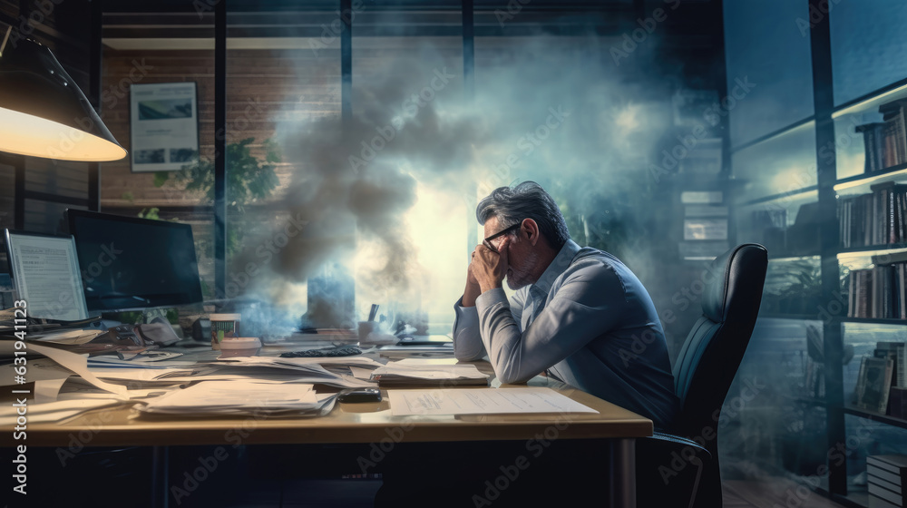 A businessman at his cluttered office desk, grappling with the pressures of his job. A businessman at his office desk, visibly feeling the pressure of work