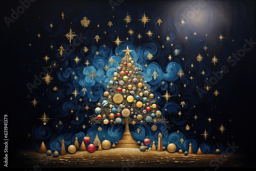 Christmas Tree with Delicate Details, and Shimmering Accents. Festive, Imaginative Christmas card.