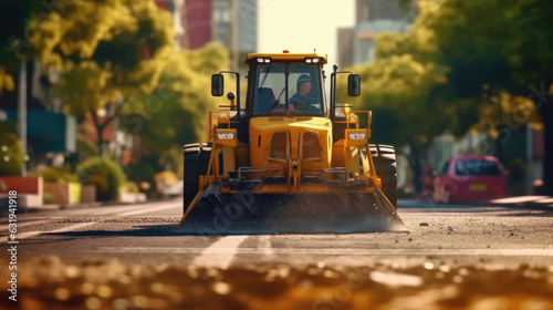 Close-up of a steam roller in action, laying a fresh asphalt surface for the road