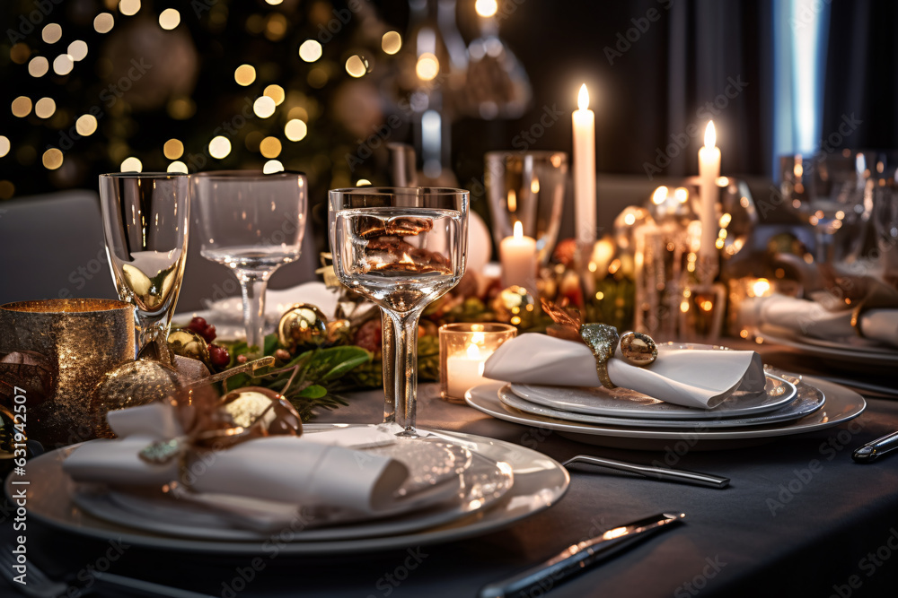 Elegant table setting with candles in restaurant. Selective focus. Romantic dinner setting with candles on table in restaurant. Elegant table setting with candles in restaurant. Selective focus. Romantic dinner setting with candles on table in restaurant.