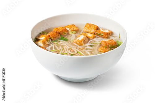 Pho soup with chicken in a bowl. The image is fully sharp, front to back. Clipping path.
