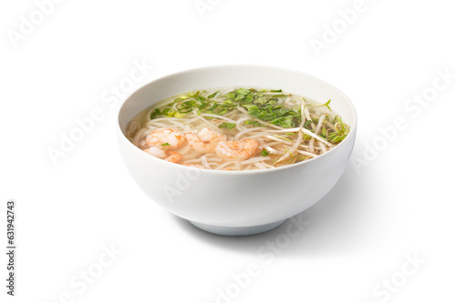 Pho soup with chicken in a bowl. The image is fully sharp, front to back. Clipping path.