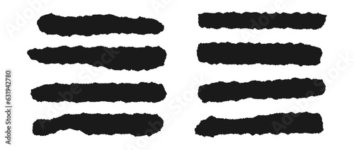 Torn thin and long pieces of paper set. Black paper strips with jagged edges. Ripped curved horizontal fragment collection. Textured grunge element bundle for collage, textbox, banner, sticker. Vector