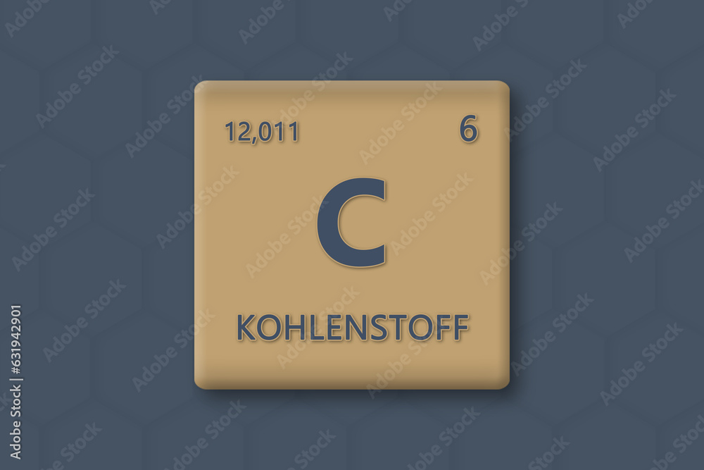 Kohlenstoff. Abkuerzung: C. Chemisches Element des Periodensystems. Blauer Text innerhalb eines goldenen Rechtecks auf blauem Hintergrund.