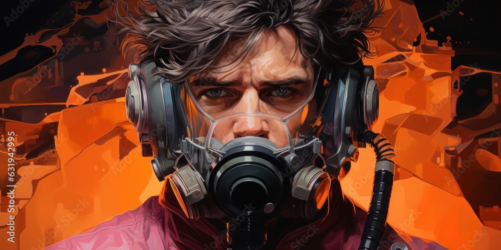 illustration of a man is wearing breathing mask, cyberpunk ,generative AI illustration of a man is wearing breathing mask, cyberpunk ,generative AI