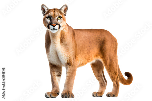 Puma isolated on a transparent background. Animal left side view.