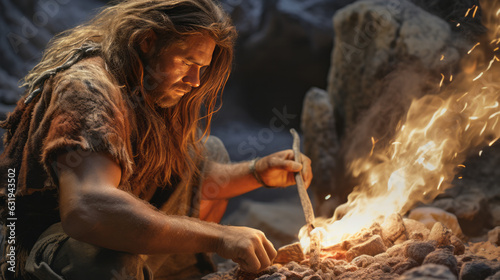 neanderthal - caveman - prehistory - chipped stone - bonfire - hunter - bonfire - rupestrian - Created with Generative AI technology. photo