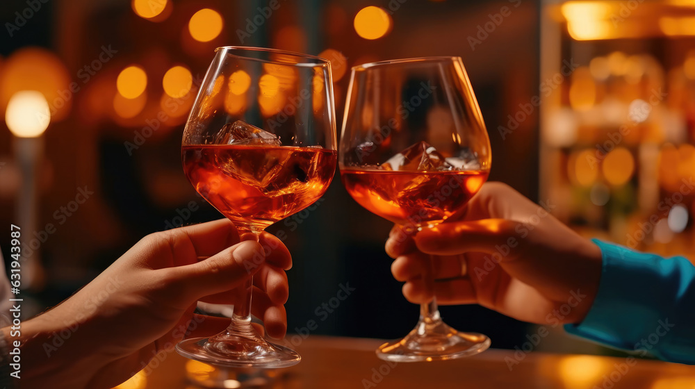 Close-up of hands clinking glasses during a delightful dinner at a restaurant