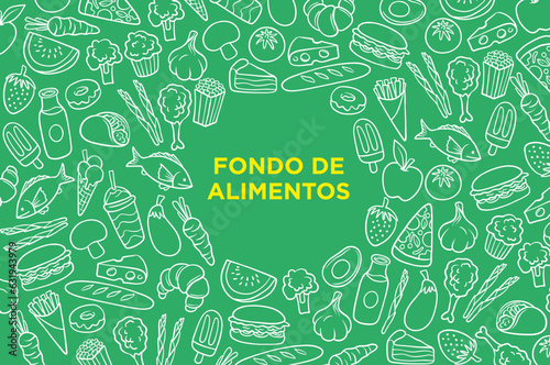 Vectores de alimentos, verduras, bebidas y dulces. Fondo con iconos de alimentos.