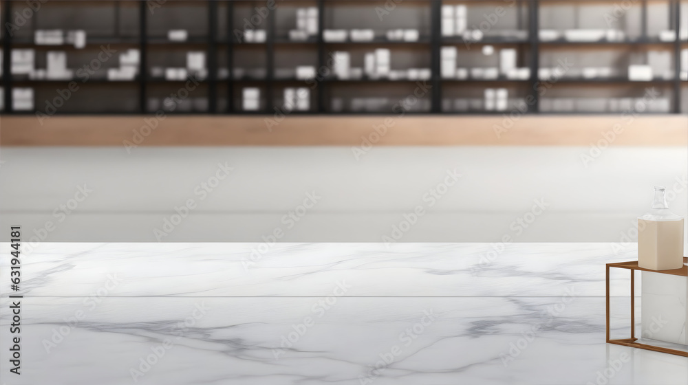 White Marble table with a blurred warehouse background, for product display. High Quality Render.