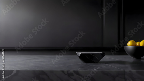 Black Marble table with a blurred black wall background, for product display. High Quality Render.
