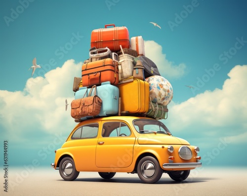 Photo of a yellow car with luggage on top