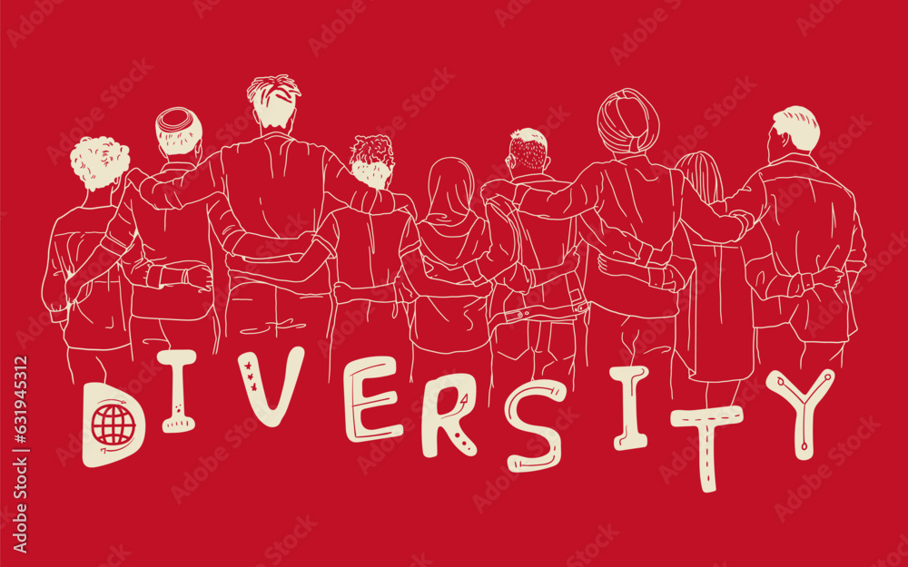 Fototapeta premium Group of people from different races embrace each other, with the inscription diversity on red background