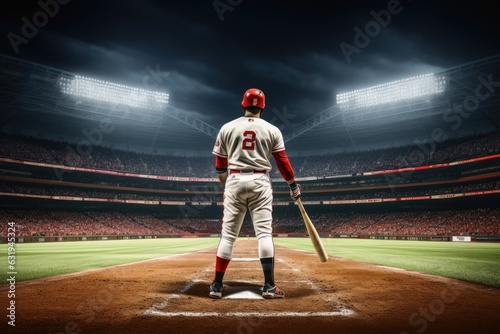 A baseball player in a big stadium.
