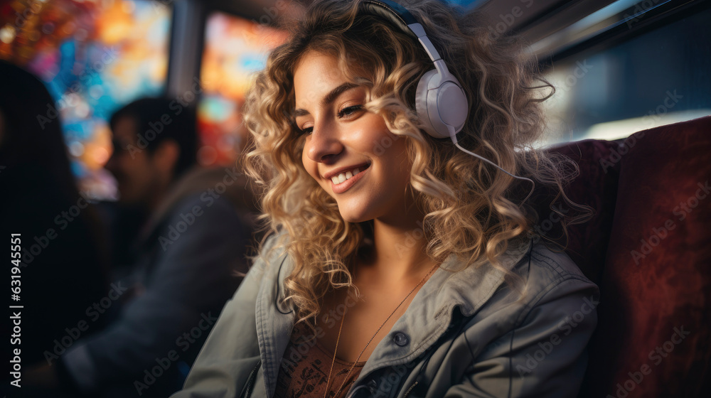A beautiful woman is watching a movie on her tablet on the bus. Generative AI A beautiful woman is watching a movie on her tablet on the bus. Generative AI
